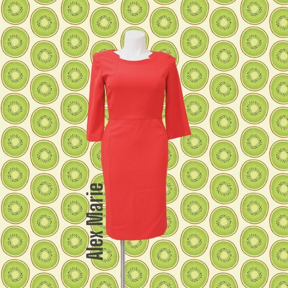 Alex Marie London Salamander Orange 3/4 sleeve Midi Dress Sz 10 Jackie O Sheath